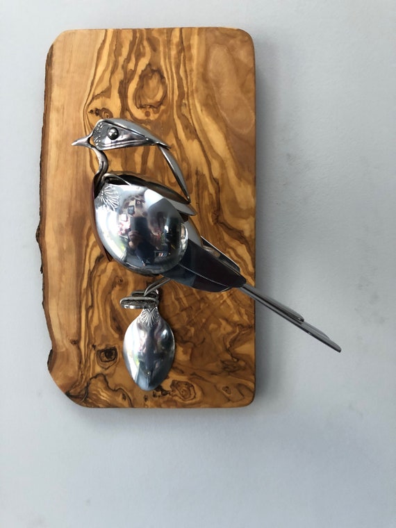 Upcycled Cutlery Robin Sculpture: Handmade Metal Bird on Olive Wood