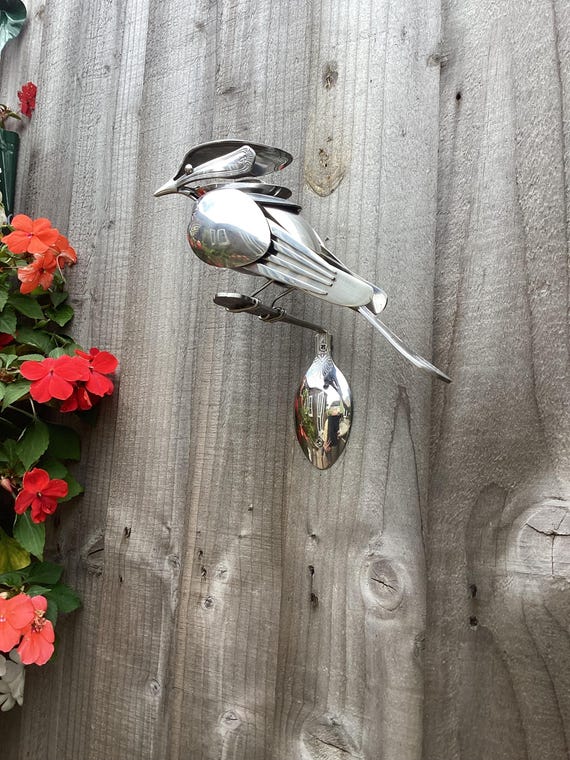 Upcycled Silverware Bird Sculpture: Welded Metal Art