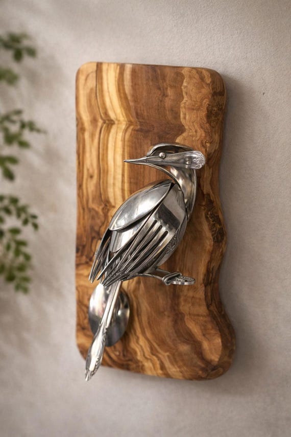 Handcrafted  Bird Wall Art – Olive Wood Plaque, Upcycled Cutlery, Rustic Nature Décor,