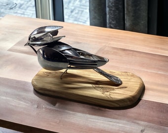 Besteck Vogel handgemacht aus Silber, Kunstfigur, Metallvogelskulptur, Wandkunst, Löffelkunst