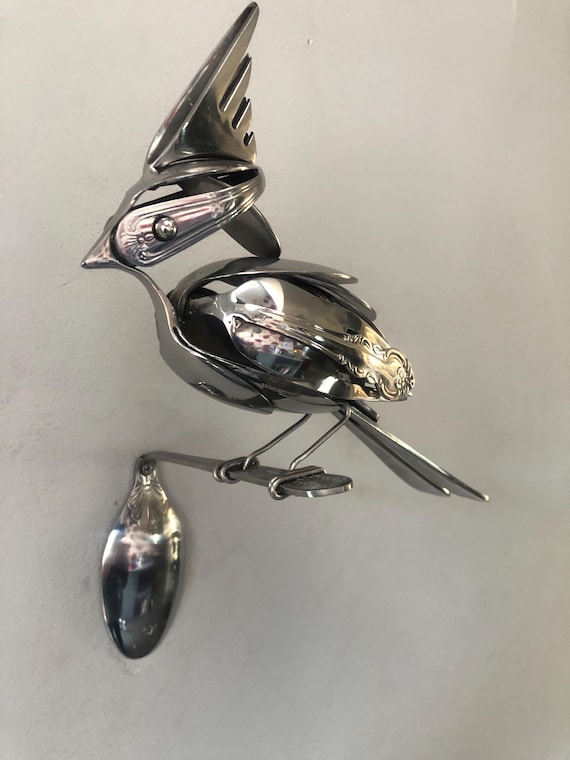 Handmade Stainless Steel Cardinal Bird Sculpture | Recycled Cutlery Art | Wall Decor | Unique Bird Gift | Metal Art for Home,