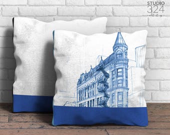 Gooderham Building Square Pillow, Blue Decorative Cushion for Rustic Home Decor, Bohemian Accent Pillowcase for Entryway Bench, Pillowcase