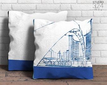 Toronto City Hall Square Pillow, Blue Decorative Cushion for Home Decor, Farmhouse Beach Home Accent, Architecture Art Pillowcase