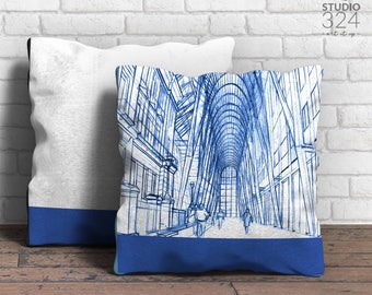 Brookfield Place Square Pillow, White and Blue Entryway Bench Cushion, Window Seat Accent, Made in Canada Bohemian Decor, Toronto Landmark