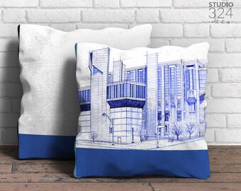 Robarts Library Square Pillow, Blue Home Decor Accent, Throw Pillow and Cushion Cover for Bohemian Decor, Hand Drawn Artwork Pillowcase
