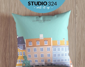 Copenhagen Travel Art Pillow as Home Accessory for Home Decor, Travel Souvenir Gift from Denmark, Illustrated Cushion Cover & Pillowcase