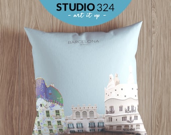 Barcelona Travel Art Pillow as a Home Accessory for Home Decor, Travel Souvenir Gift from Spain, Illustrated Cushion Cover from Barcelona