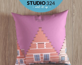 Bruges Travel Art Pillow as Home Accessory for Home Decor, Travel Souvenir Gift from Belgium, Illustrated Cushion Cover & Bruges Pillowcase