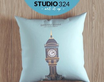 Birmingham Decorative Cushion as Home Decor Accessory, UK Travel Souvenir Gift, Illustrated Pillow, Blue Cushion Cover and Pillowcase