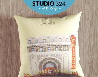 Chicago Travel Art Pillow as Home Accessory for Home Decor, Travel Souvenir Gift from USA, Illustrated Cushion Cover & Chicago Pillowcase