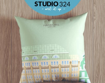 Hamburg Travel Art Pillow as Home Decor Accessory, German Travel Souvenir Gift, Illustrated Cushion Cover & Pillowcase from Germany