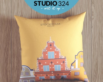 Stockholm Sweden Travel Art Pillow as Home Decor Accessory, Swedish Travel Souvenir Gift, Illustrated Cushion Cover & Pillowcase from Sweden