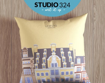 Leipzig Germany Travel Art Pillow as Home Decor Accessory, German Travel Souvenir Gift, Illustrated Cushion Cover & Pillowcase from Germany