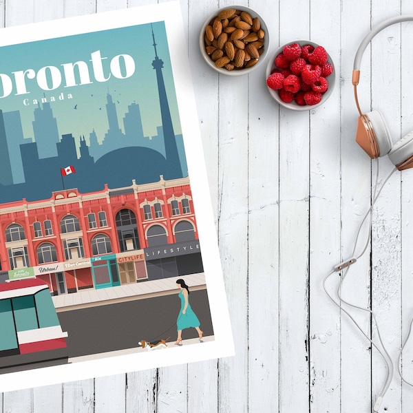 Toronto Travel Poster, Toronto Travel Art for Home Decor, Travel Souvenir Gift and City Skyline Art with Architecture Drawing