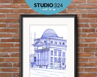 Bank of Toronto Drawing, Stylistic Wall Art Prints, Hand Drawn Art for Home Decor, Blue Line Drawing, Handmade Architecture Sketch