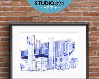 Toronto Robarts Library Drawing, Stylistic Wall Art Print, Hand Drawn Sketch Art for Home Decor