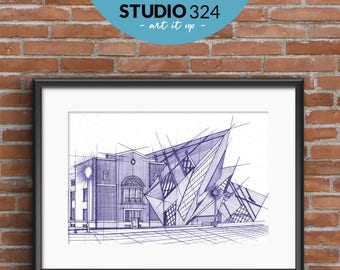 Toronto Royal Ontario Museum, Landmark Art Print, Architecture Sketch Drawing, Wall Art Print, ROM Toronto Travel Souvenir, Handmade Gift