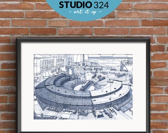 Roundhouse Art Print, Landmark Architecture Sketch Drawing and Wall Art Poster, Toronto Travel Souvenir and Gift