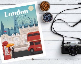 London travel poster, retro London print, London wall art, London poster, travel wall art, retro wall art, vintage London print
