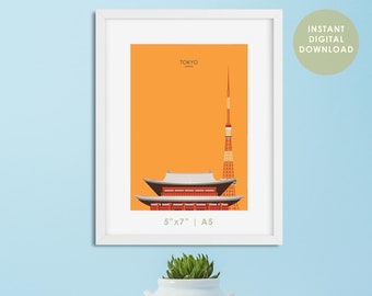 Tokyo digital download print - 5"x7" and A5 size city art poster - Tokyo travel postcard - Japan souvenir gift