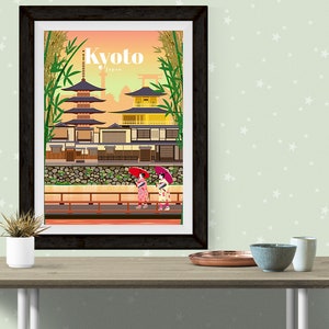 May include: A vintage travel poster with an illustration of a traditional Japanese temple in Kyoto, Japan. The poster features two women in kimonos walking on a bridge with red umbrellas.
