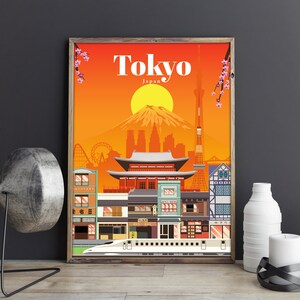 Op de afbeelding: Een kleurrijke illustratie van Tokio, Japan, met iconische bezienswaardigheden zoals de Tokyo Skytree, de Mount Fuji en een traditionele Japanse tempel. De illustratie is geplaatst tegen een levendige oranje zonsondergang met kersenbloesems in de hoek.