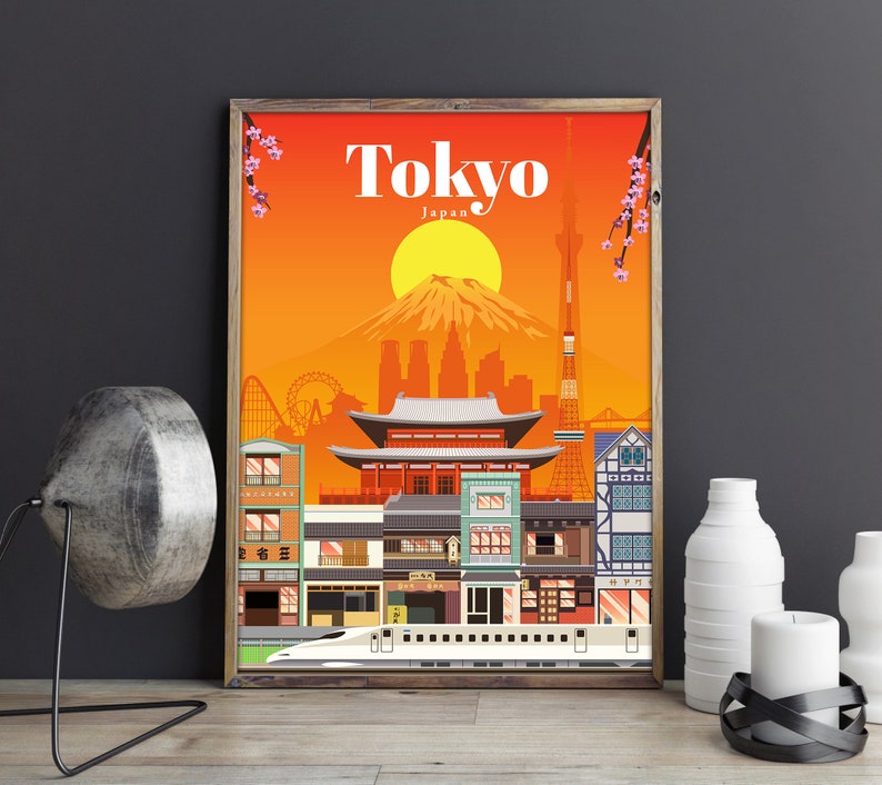 Op de afbeelding: Een kleurrijke illustratie van Tokio, Japan, met iconische bezienswaardigheden zoals de Tokyo Skytree, de Mount Fuji en een traditionele Japanse tempel. De illustratie is geplaatst tegen een levendige oranje zonsondergang met kersenbloesems in de hoek.