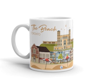 Ceramic Coffee Mug with Colorful Architecture Digital Illustration of Toronto "The Beach" Neighbourhood as a Unique Travel Souvenir Gift