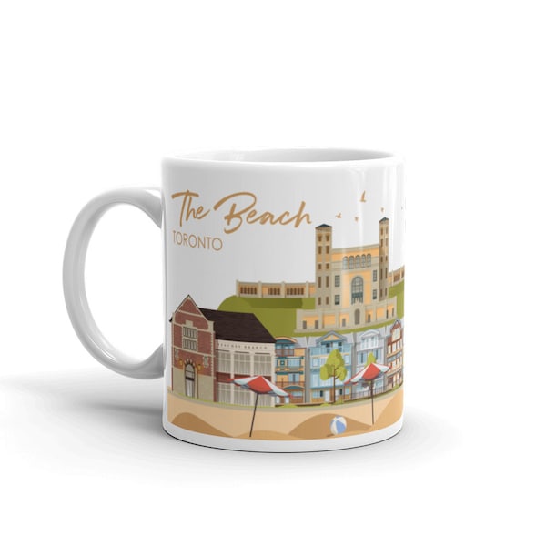 Ceramic Coffee Mug with Colorful Architecture Digital Illustration of Toronto "The Beach" Neighbourhood as a Unique Travel Souvenir Gift