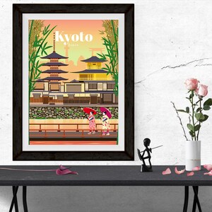 May include: A colorful illustration of a traditional Japanese temple in Kyoto, Japan. Two women in kimonos walk along a path with red umbrellas. The text "Kyoto, Japan" is printed at the top of the image.