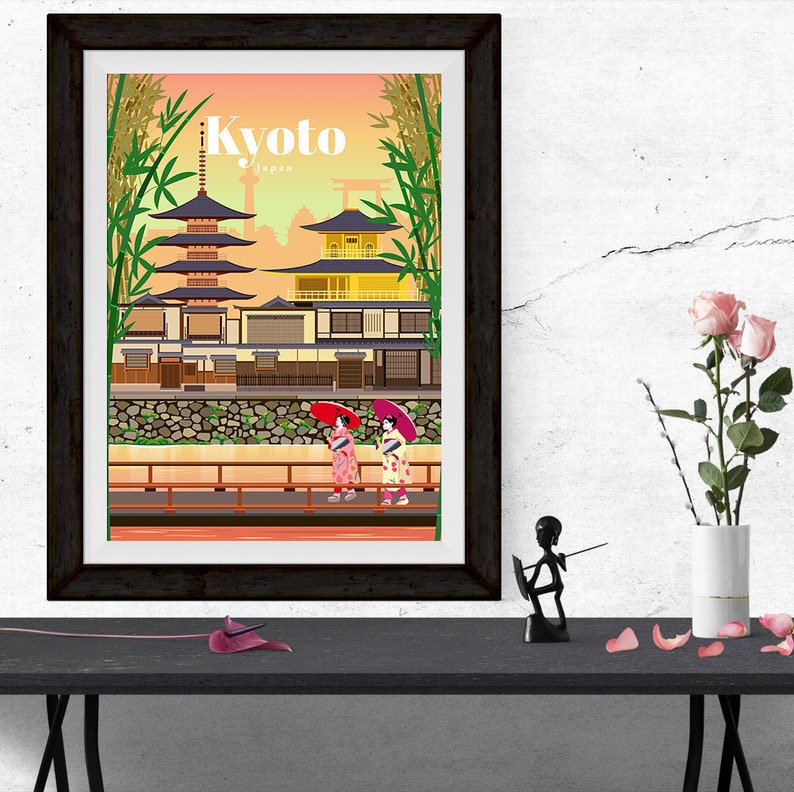 May include: A colorful illustration of a traditional Japanese temple in Kyoto, Japan. Two women in kimonos walk along a path with red umbrellas. The text "Kyoto, Japan" is printed at the top of the image.