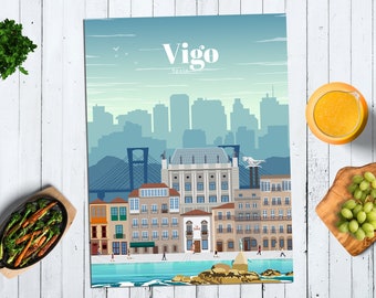 Vigo City Travel Poster, Spanien WandkunstDrucke, Vintage Druck, Europa Souvenir Kunstwerk, Digitaldrucke Wandbehang