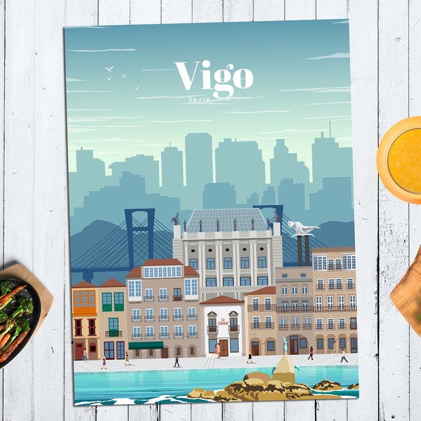 Vigo City Travel Poster, Spanien WandkunstDrucke, Vintage Druck, Europa Souvenir Kunstwerk, Digitaldrucke Wandbehang