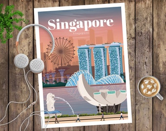 Singapore Travel Poster, Vintage Print, Trip Souvenir Gift, Art Print and Poster, Artwork for Home Decor, Illustration and Digital Art
