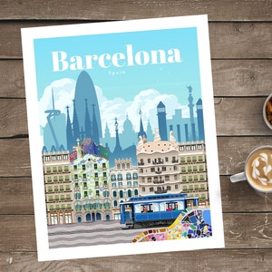 Barcelona Reiseposter, Barcelona Reise Vintage Druck, Barcelona Wandkunst Geschenk aus Spanien, Architektur Poster Drucke Stadt Kunstwerk
