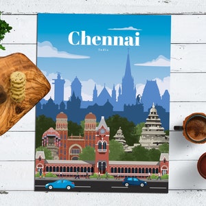 Impresión de Chennai, impresiones de arte de pared de Chennai, cartel del horizonte de la ciudad de Madrás, carteles de viaje de India, cartel decorativo de arquitectura india asequible