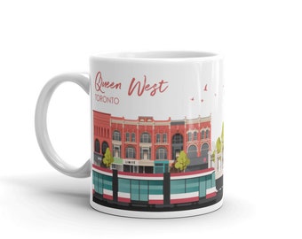 Ceramic Coffee Mug with Colorful Architecture Digital Illustration of Toronto "Queen West" Neighbourhood as a Unique Travel Souvenir Gift
