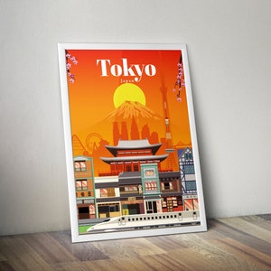 Op de afbeelding: Een kleurrijke illustratie van Tokio, Japan, met een rode tempel, een reuzenrad, een berg en een hogesnelheidstrein. De tekst "Tokyo Japan" staat bovenaan de afbeelding.