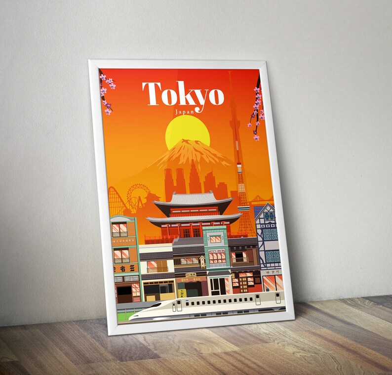 Op de afbeelding: Een kleurrijke illustratie van Tokio, Japan, met een rode tempel, een reuzenrad, een berg en een hogesnelheidstrein. De tekst "Tokyo Japan" staat bovenaan de afbeelding.