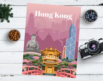 Hong Kong print, Hong Kong poster, Hong Kong travel poster, Hong Kong wall art, Hong Kong travel print, travel wall art, China travel poster