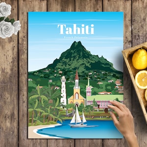 Impresión de Tahití, Impresiones de arte mural de Tahití, Cartel del horizonte de la ciudad de Tahití, Carteles de viajes de la Polinesia Francesa, Cartel decorativo de la arquitectura tahitiana