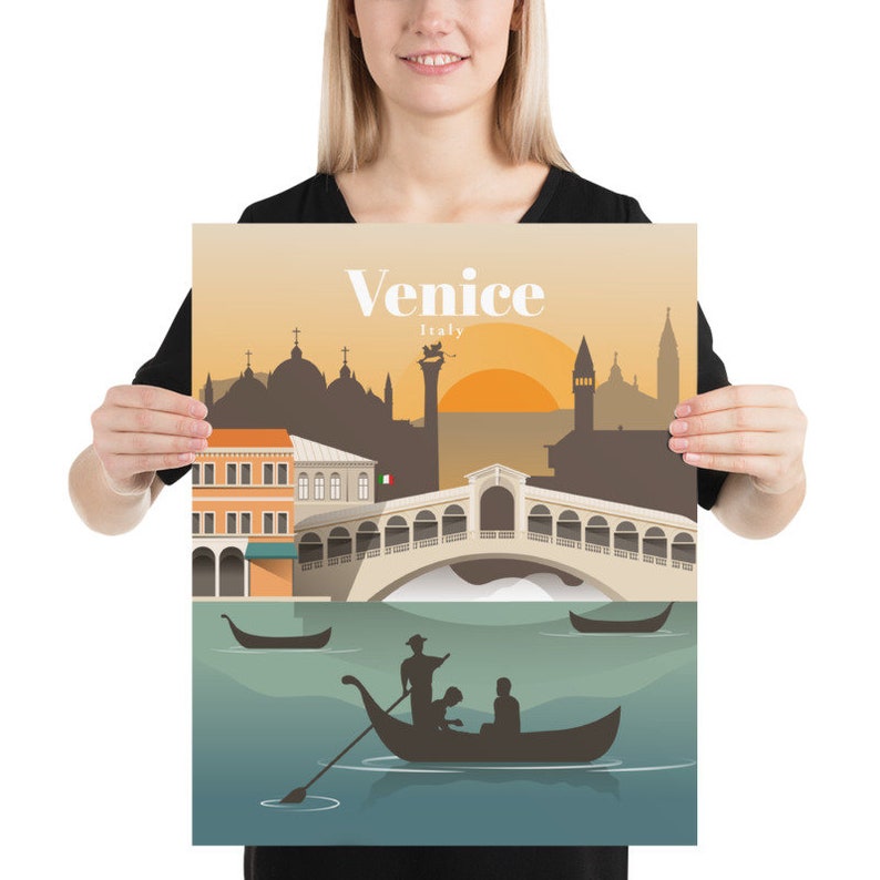 May include: A colorful illustration of Venice, Italy, featuring the Rialto Bridge, gondolas, and the city skyline. The text "Venice, Italy" is displayed at the top of the image.