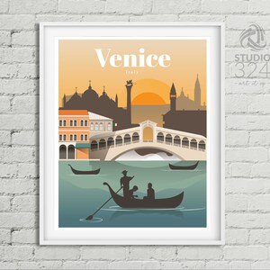 May include: A vintage travel poster with a silhouette of Venice, Italy. The poster features a gondola with three people, the Rialto Bridge, and a sunset over the city. The text "Venice" and "Italy" are printed in white on a light orange background.