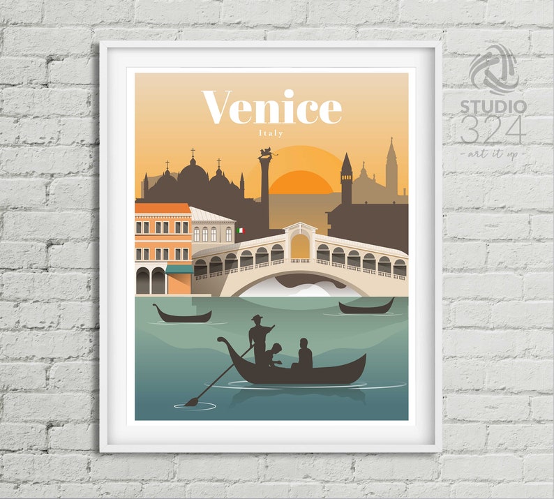 May include: A vintage travel poster with a silhouette of Venice, Italy. The poster features a gondola with three people, the Rialto Bridge, and a sunset over the city. The text "Venice" and "Italy" are printed in white on a light orange background.