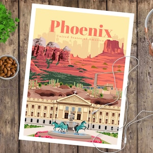 Phoenix Travel Print, Póster Vintage, Regalo de Recuerdo de Arizona, USA Landscape Prints Artwork, Digital Art Posters for Modern Home Decor