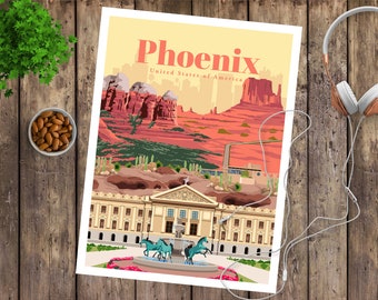 Stampa da viaggio Phoenix, poster vintage, regalo souvenir dall'Arizona, opere d'arte con stampe paesaggistiche usa, poster di arte digitale per l'arredamento della casa moderna