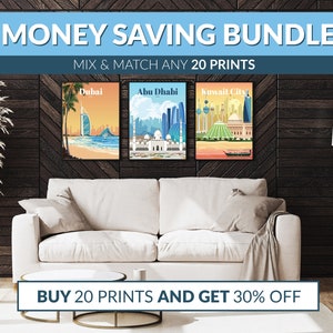 Money Saving Offer 20 Prints with 30% Discount, Set of 20 Prints, Skyline Travel Prints, Wall Art Set, Travel Poster Print Bundle