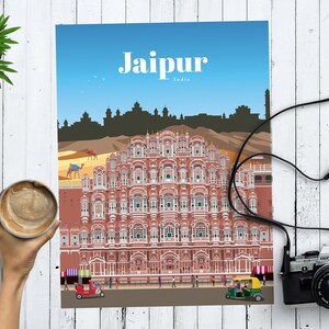 Jaipur Print, Rajasthan Wall Art Prints, Jaipur City Skyline Poster, Indien Reise Poster, Erschwingliche indische Architektur Dekoratives Poster
