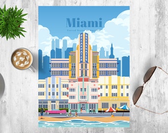 Miami Travel Poster: Vintage Florida Souvenir Art (Digital Art)