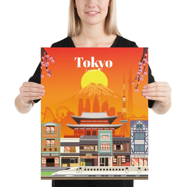 Op de afbeelding: Een kleurrijke illustratie van Tokio, Japan, met een rode tempel, een reuzenrad, een hogesnelheidstrein en de berg Fuji op de achtergrond. De tekst "Tokyo, Japan" staat bovenaan de afbeelding.